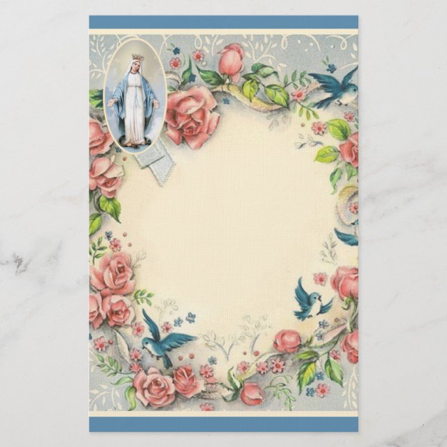 Religious Virgin Mary Pink Roses Blue Birds Stationery (Front)