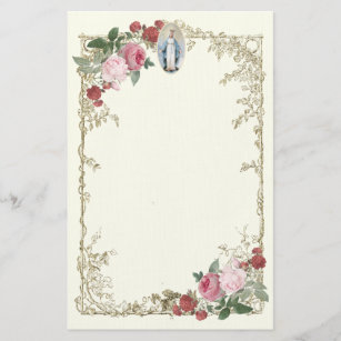 Religious Virgin Mary Pink Roses Vintage Flowers Stationery