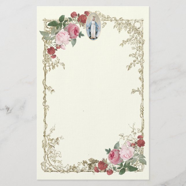 Religious Virgin Mary Pink Roses Vintage Flowers Stationery (Front)