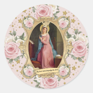 Religious Virgin Mary Vintage Pink Roses Catholic  Classic Round Sticker