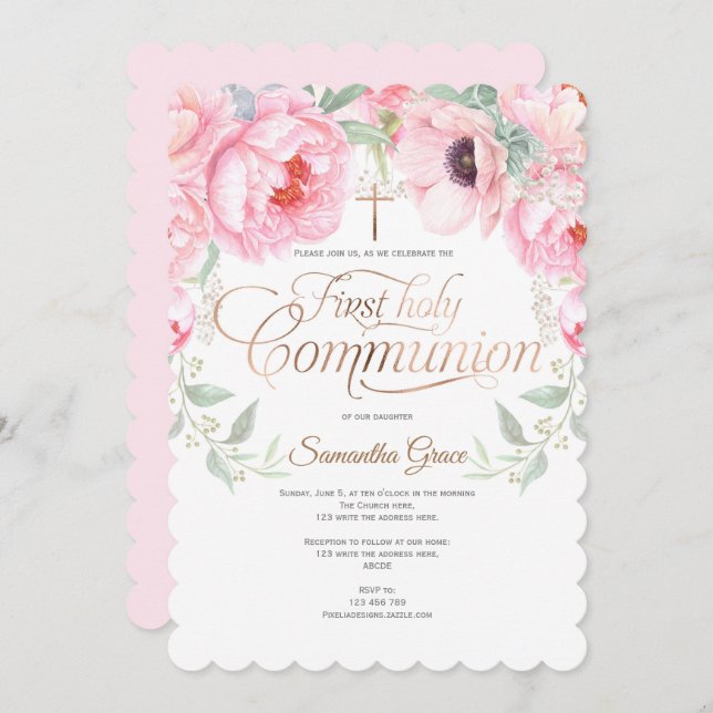 Religious,Watercolor Flowers, First communion Invitation (Front/Back)