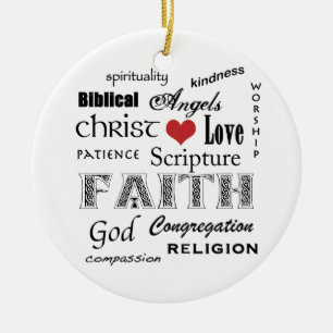 Religious Word Cloud+Blue Rippled Cross Ceramic Tree Decoration
