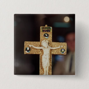 Reliquary crucifix, ivory Christ on gold cross 15 Cm Square Badge