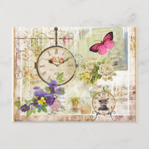 Reloj y mariposa rosa vintage con flor violeta postcard