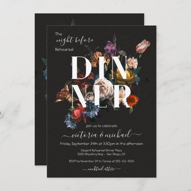 Rembrandt Floral Dark & Moody Rehearsal Dinner Invitation (Front/Back)