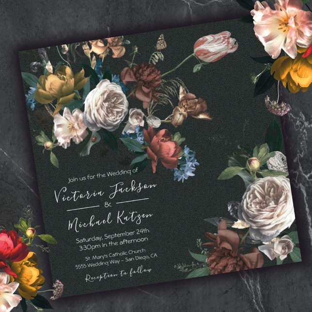 Rembrandt Floral Dark & Moody Square Wedding Invitation (Creator Uploaded)