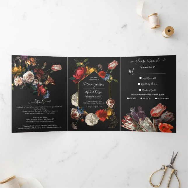 Rembrandt Floral Dark & Moody Wedding Tri-Fold Inv Invitation (Inside)