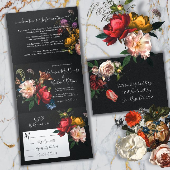 Rembrandt Floral Dark & Moody Wedding Tri-Fold Invitation (Creator Uploaded)