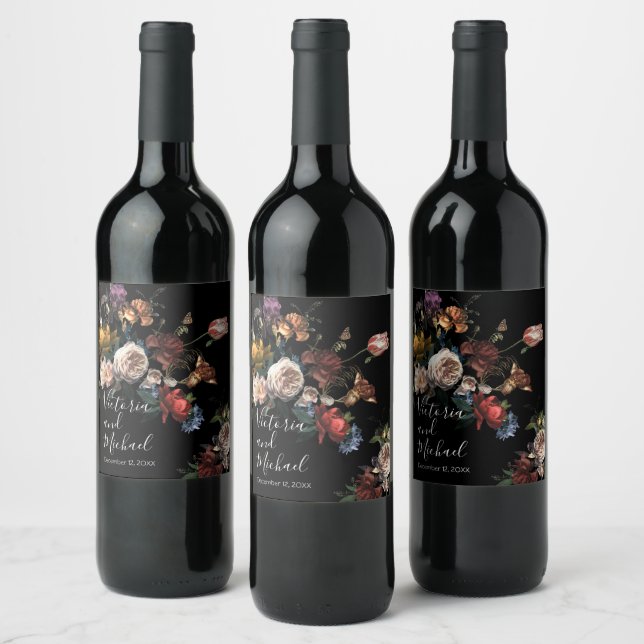 Rembrandt Floral Dark & Moody Wedding Wine Label (Bottles)