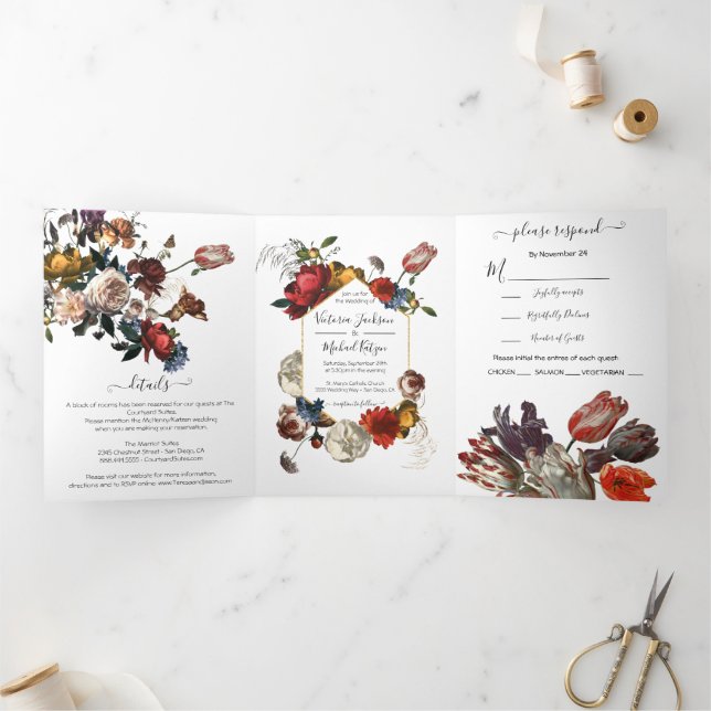 Rembrandt Floral Photo Wedding Tri-Fold Invitation (Inside)