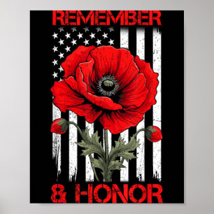 Remember and Honour Red Poppy Flower Flag USA Poster