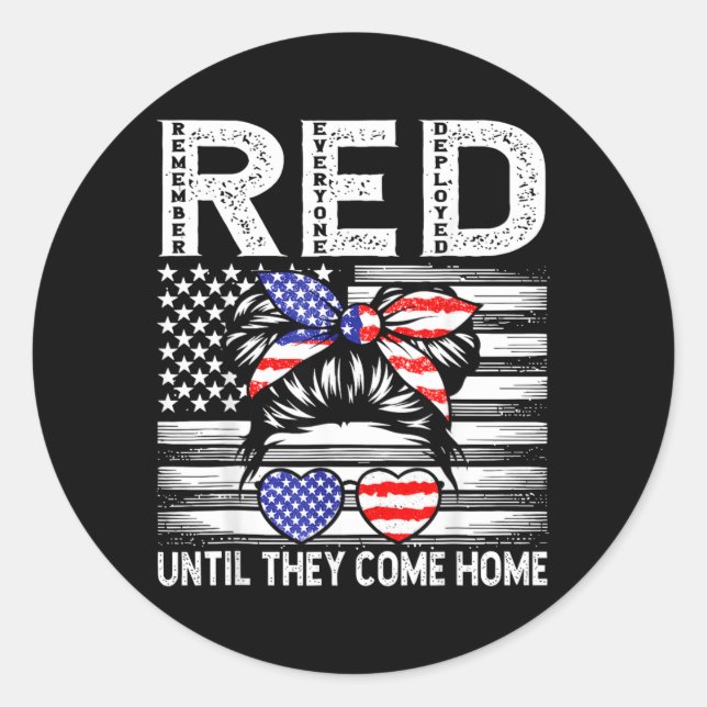 Remember Everyone Deployed RED Military Family Classic Round Sticker (Front)