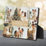 Remembering Christmas Photo Collage Plaque<br><div class="desc">A six photo collage, your family name and the words "Remembering our 20XX Christmas" in chic white lettering on soft gold is put directly on the hardboard panel for a stunningly crisp image with an easy wipe clean surface. Tabletop, on a shelf or a desk, this plaque with a built-in...</div>