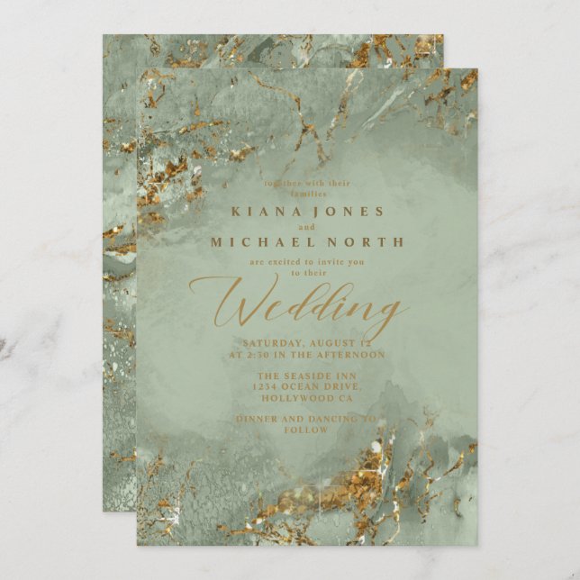 Remy ID644  Marble Glitter Wedding Sage Green Invitation (Front/Back)