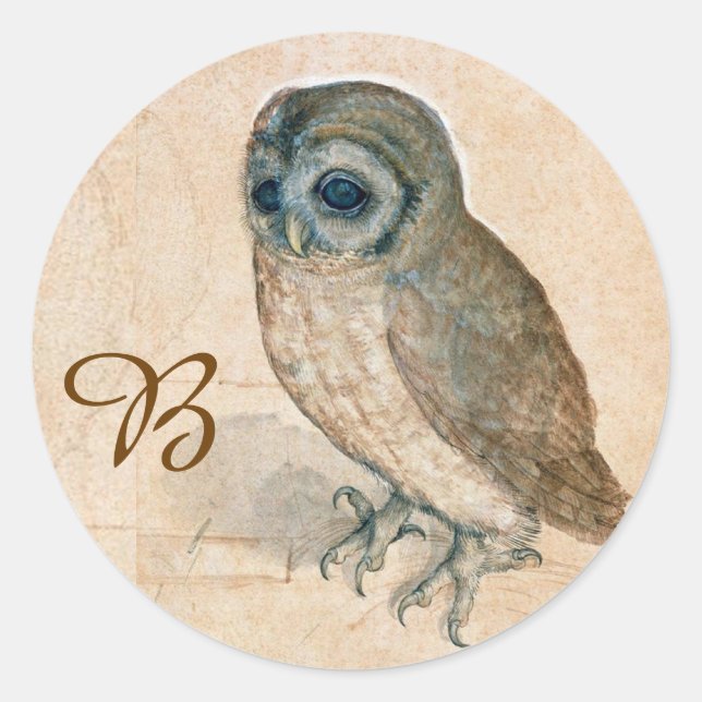 RENAISSANCE ANIMAL DRAWINGS /THE OWL Monogram Classic Round Sticker (Front)