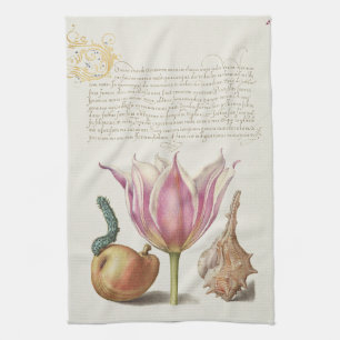 Renaissance Calligraphy Art Pink Tulip and Pear Tea Towel