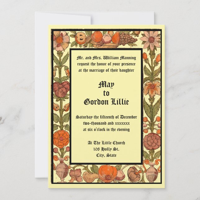 Renaissance Era Fruit & Floral Woodcut Wedding Invitation (Front)
