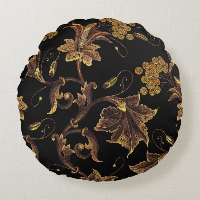 Renaissance Golden Floral Embroidery Pattern Round Cushion (Front)