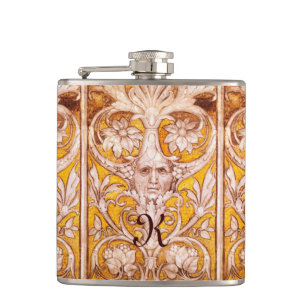 RENAISSANCE GROTESQUE FACE WITH GOLD WHITE FLORAL HIP FLASK