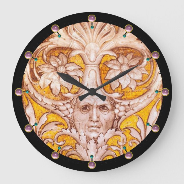 RENAISSANCE GROTESQUE FACE WITH GOLD WHITE FLORAL LARGE CLOCK (Front)