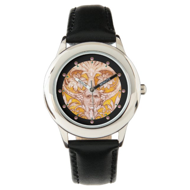RENAISSANCE GROTESQUE FACE WITH GOLD WHITE FLORAL WATCH (Front)