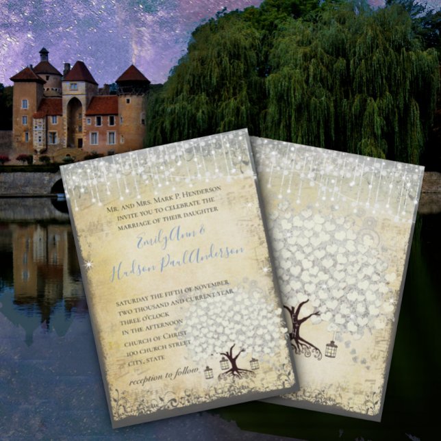Renaissance Mediaeval Blue Heart Leaf  Tree Weddin Invitation (Creator Uploaded)
