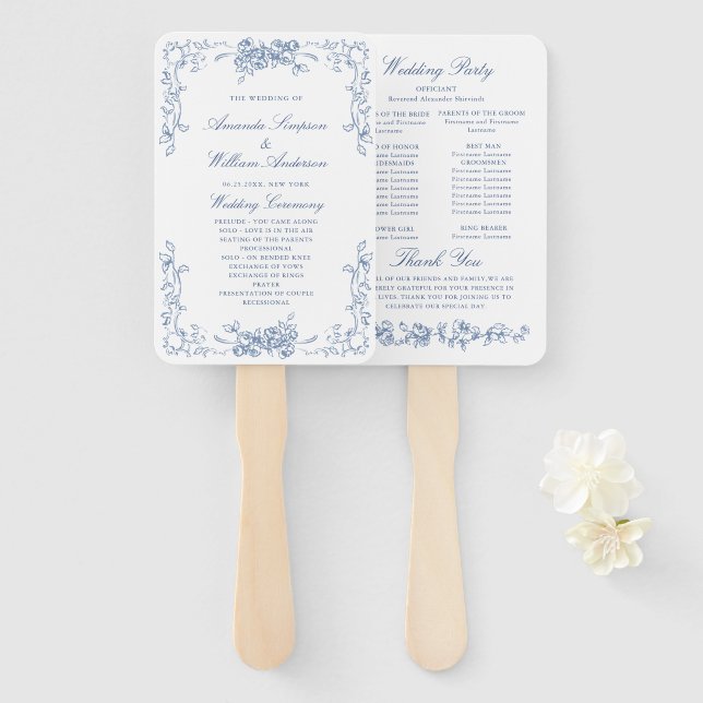 Renaissance Ornate Blue Wedding Ceremony Program Hand Fan (Front and Back)