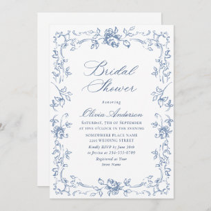 Renaissance Ornate Dusty Blue Floral Bridal Shower Invitation