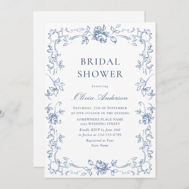 Renaissance Ornate Dusty Blue Floral Bridal Shower Invitation (Front/Back)
