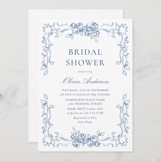 Renaissance Ornate Dusty Blue Floral Bridal Shower Invitation (Front/Back)