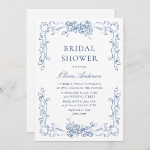 Renaissance Ornate Dusty Blue Floral Bridal Shower Invitation