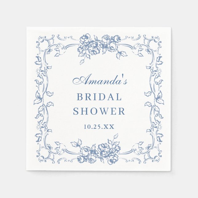 Renaissance Ornate Dusty Blue Floral Bridal Shower Napkin (Front)
