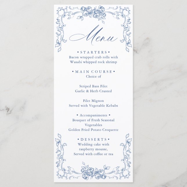 Renaissance Ornate Dusty Blue Floral Wedding Menu (Front)