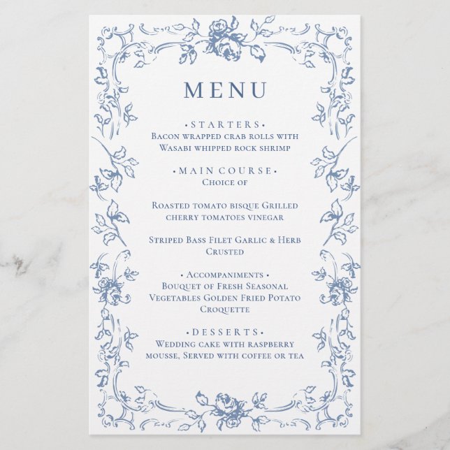 Renaissance Ornate Dusty Blue Floral Wedding Menu (Front)