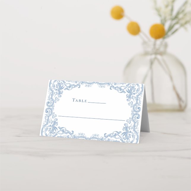 Renaissance Ornate Dusty Blue Floral Wedding Place Card (Front)