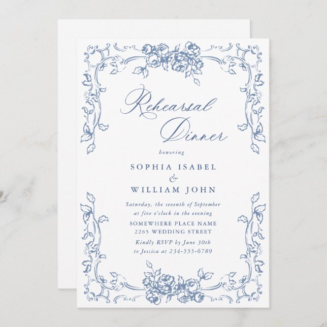 Renaissance Ornate Dusty Blue Rehearsal Dinner Invitation (Front/Back)