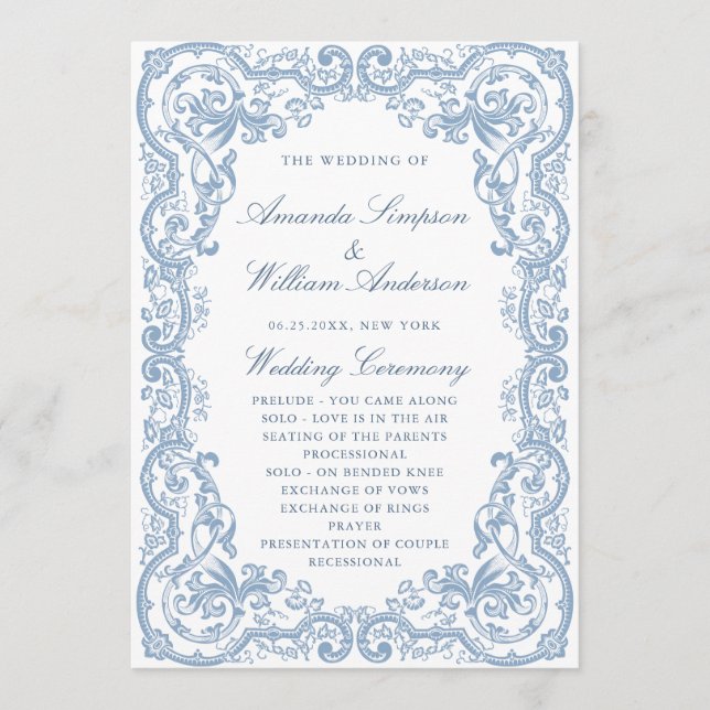 Renaissance Ornate Dusty Blue Wedding Ceremony Programme (Front)