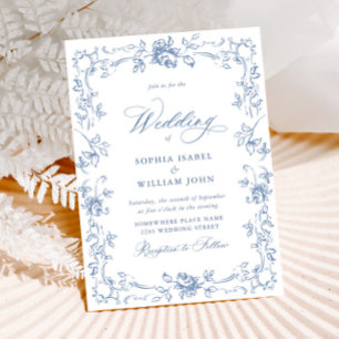 Renaissance Ornate Floral Dusty Blue Wedding Invitation