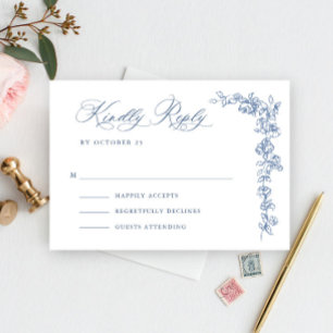 Renaissance Ornate Floral Dusty Blue Wedding RSVP Card