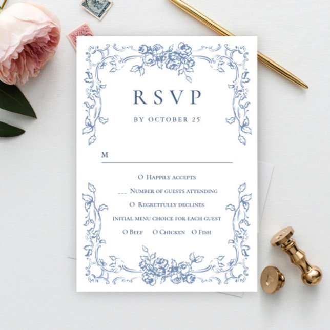 Renaissance Ornate Floral Dusty Blue Wedding RSVP Card (Creator Uploaded)