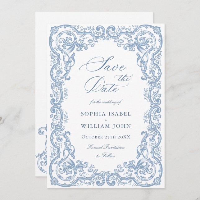 Renaissance Ornate Floral Dusty Blue Wedding Save The Date (Front/Back)