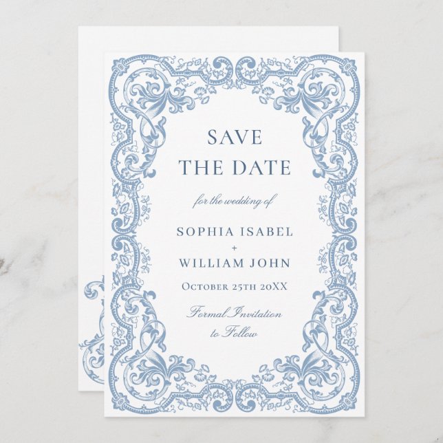 Renaissance Ornate Floral Dusty Blue Wedding Save The Date (Front/Back)