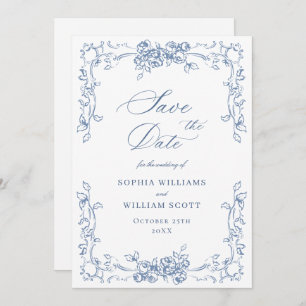 Renaissance Ornate Floral Dusty Blue Wedding Save The Date