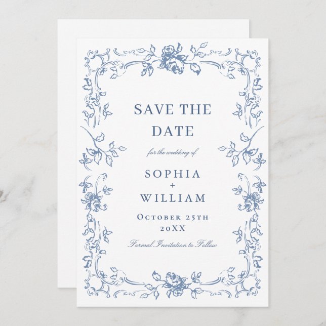 Renaissance Ornate Floral Dusty Blue Wedding Save The Date (Front/Back)