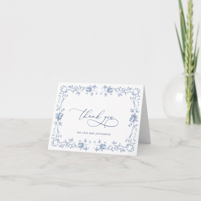 Renaissance Ornate Floral Dusty Blue Wedding Thank You Card (Front)
