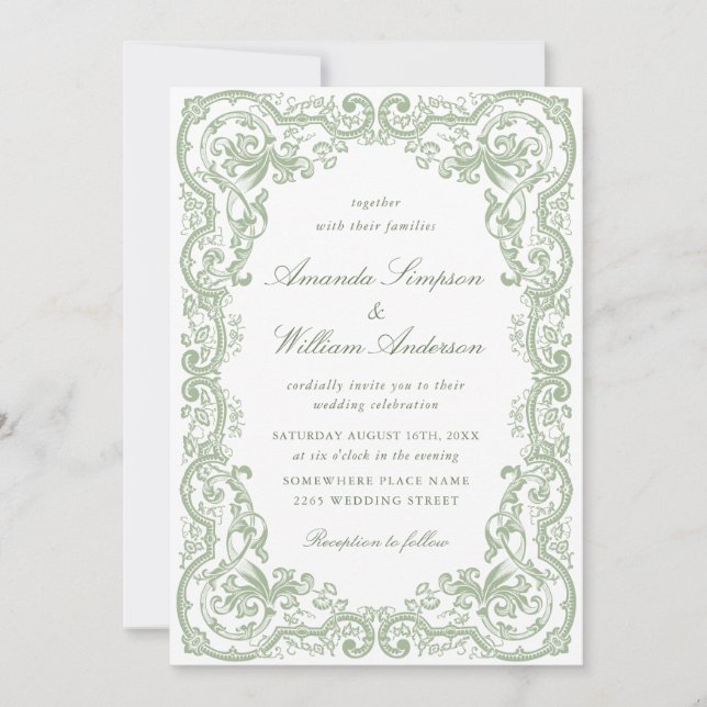 Renaissance Ornate Floral Sage Green Wedding Invitation (Front)