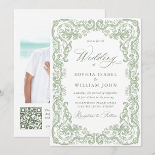 Renaissance Ornate Floral Sage Green Wedding Invitation