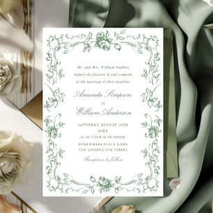 Renaissance Ornate Floral Sage Green Wedding Invitation