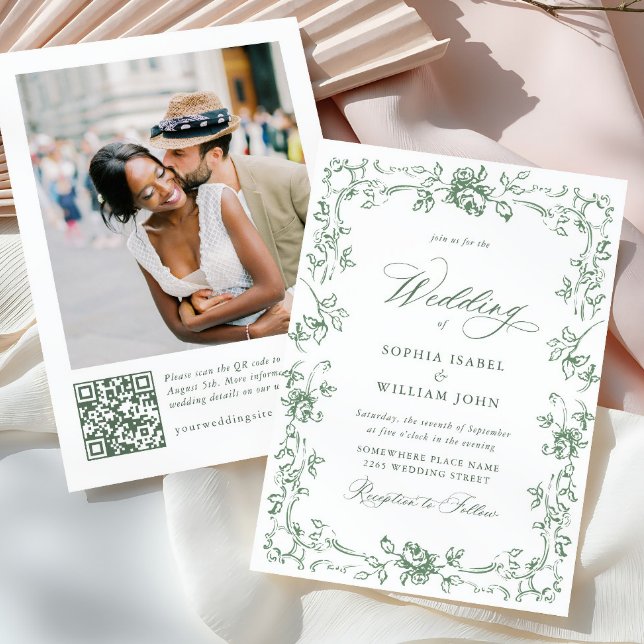 Renaissance Ornate Floral Sage Green Wedding Invitation (Creator Uploaded)