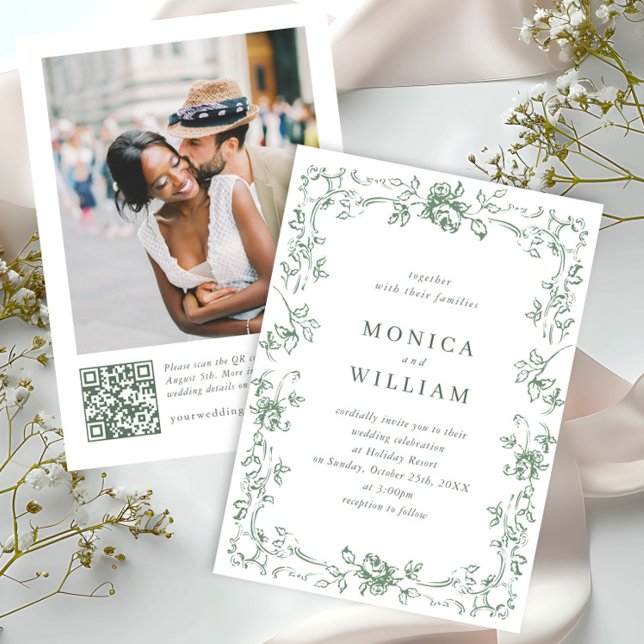 Renaissance Ornate Floral Sage Green Wedding Invitation (Creator Uploaded)
